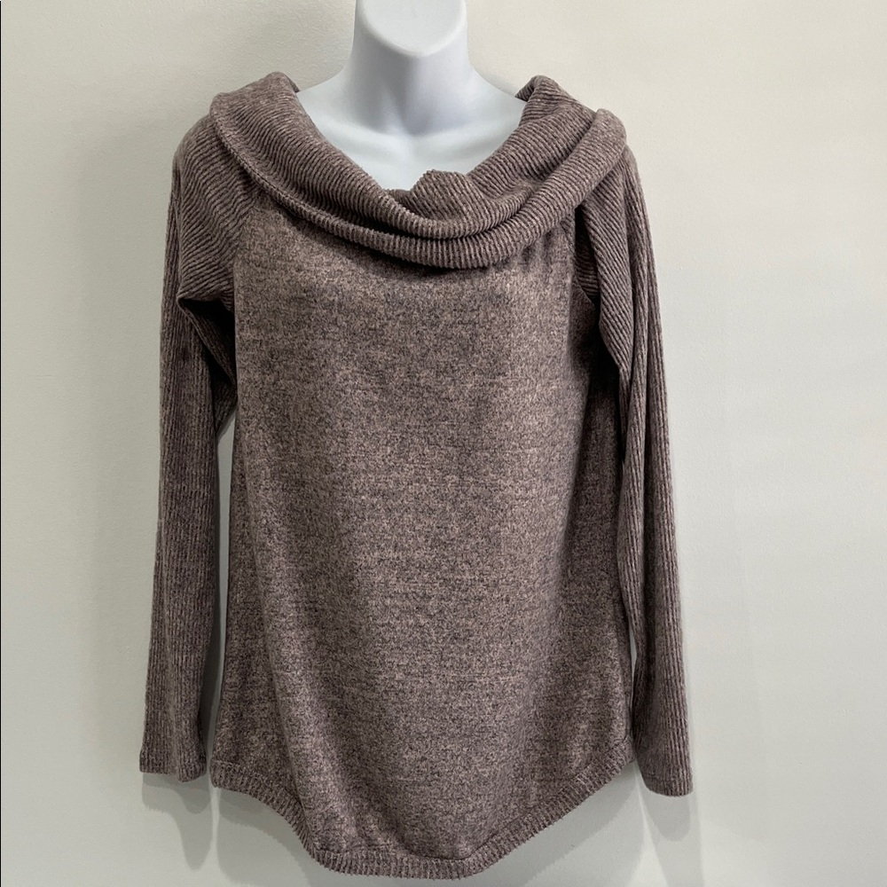 NWT Janet Chung Cozy Pink and Gray Cowl Neck Ribbed Sweater, Sz Small